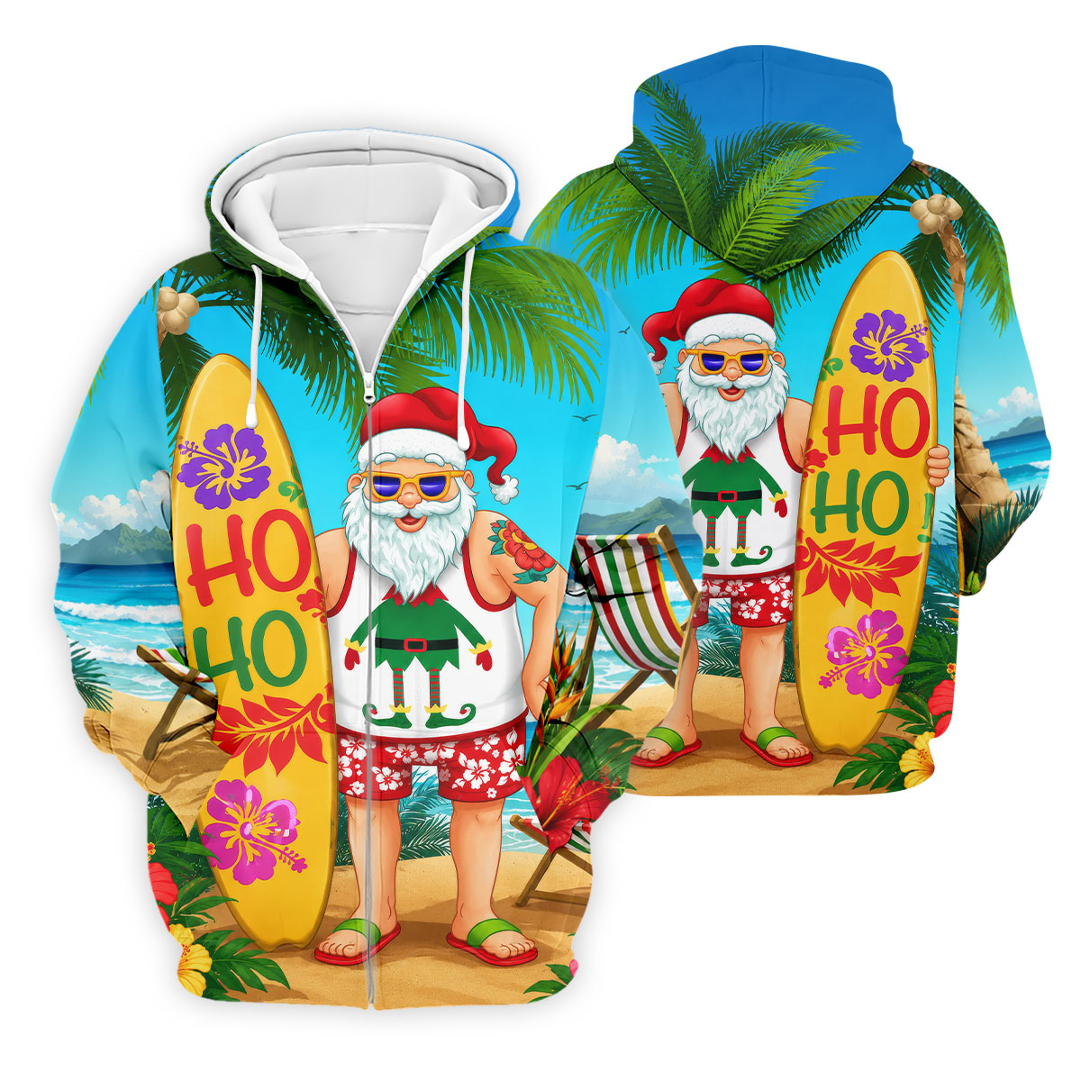 Surfboard Santa Tropical Christmas Golf Shirt, Men's Golf Shirt, Hawaiian Golf Shirt