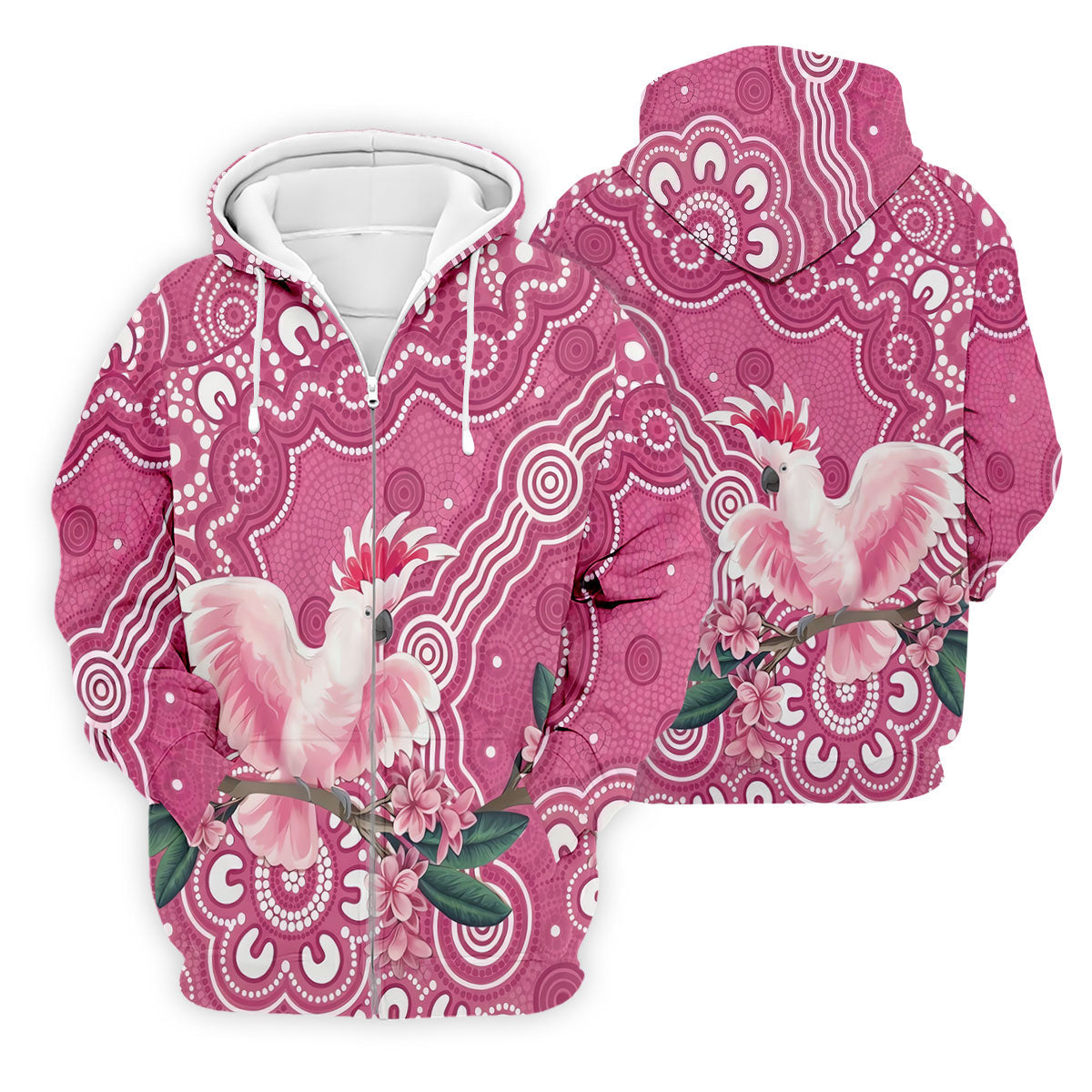 Pink Cockatoo Floral Aboriginal Art Polo Shirt, Hawaiian Golf Shirt, Mens Golf Shirts