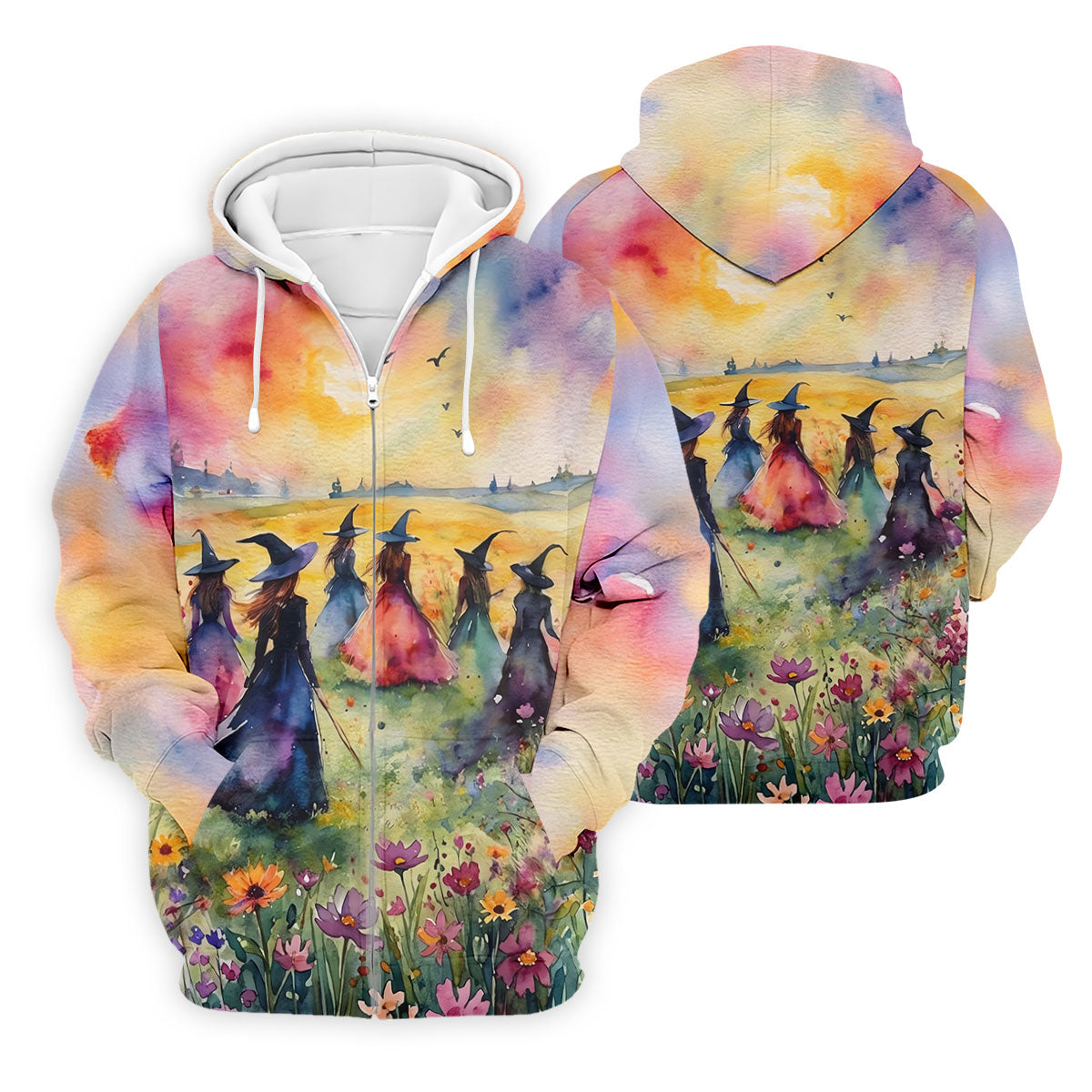 Watercolor Witch Gathering Halloween Golf Polo Shirt, Printed Golf Shirts, Golf Polo Shirts For Men