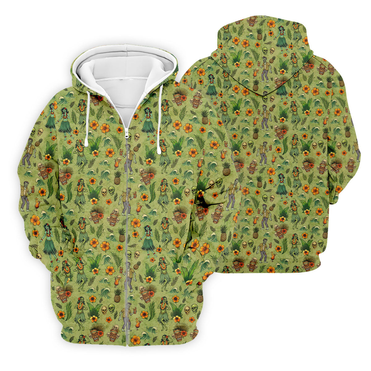 Tiki Zombie Hawaiian Golf Shirt, Hula Dancer Skull Pattern, Polo Shirts For Men