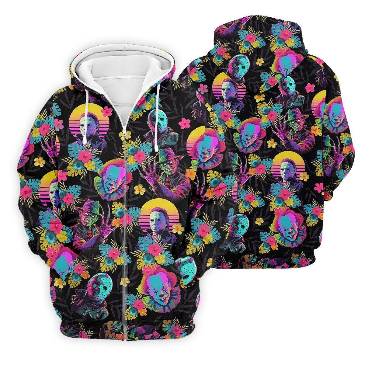 Neon Floral Halloween Horror Character Hawaiian Golf Shirt, Men's Golf Shirt, Mens Golf Polo