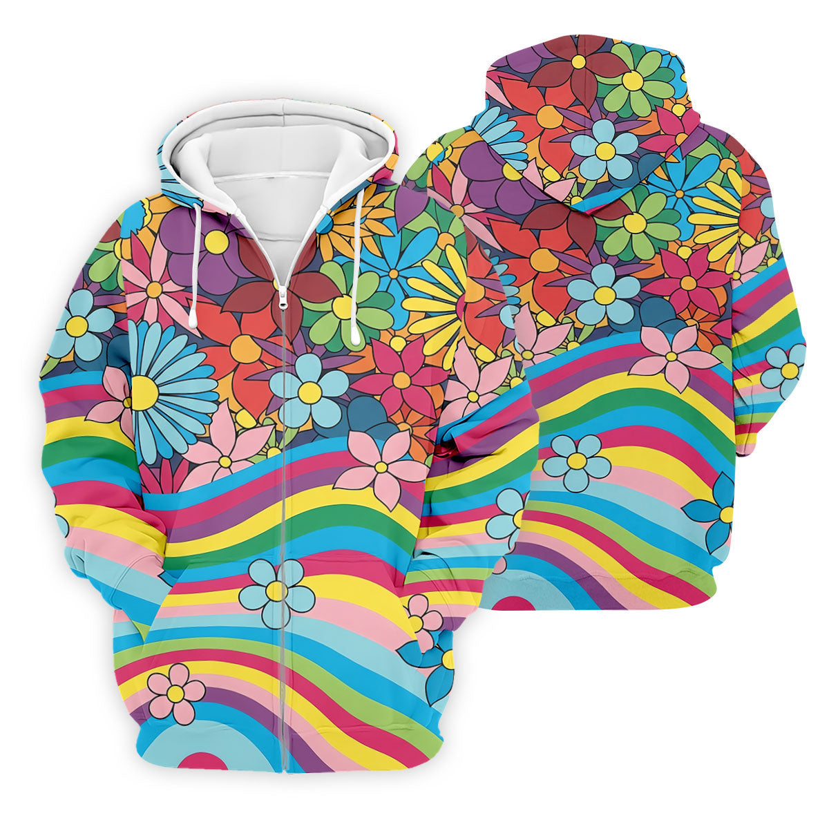 Retro Rainbow Floral Hippie Hawaiian Golf Shirt, Golf Polo Shirts For Men, Mens Golf Apparel