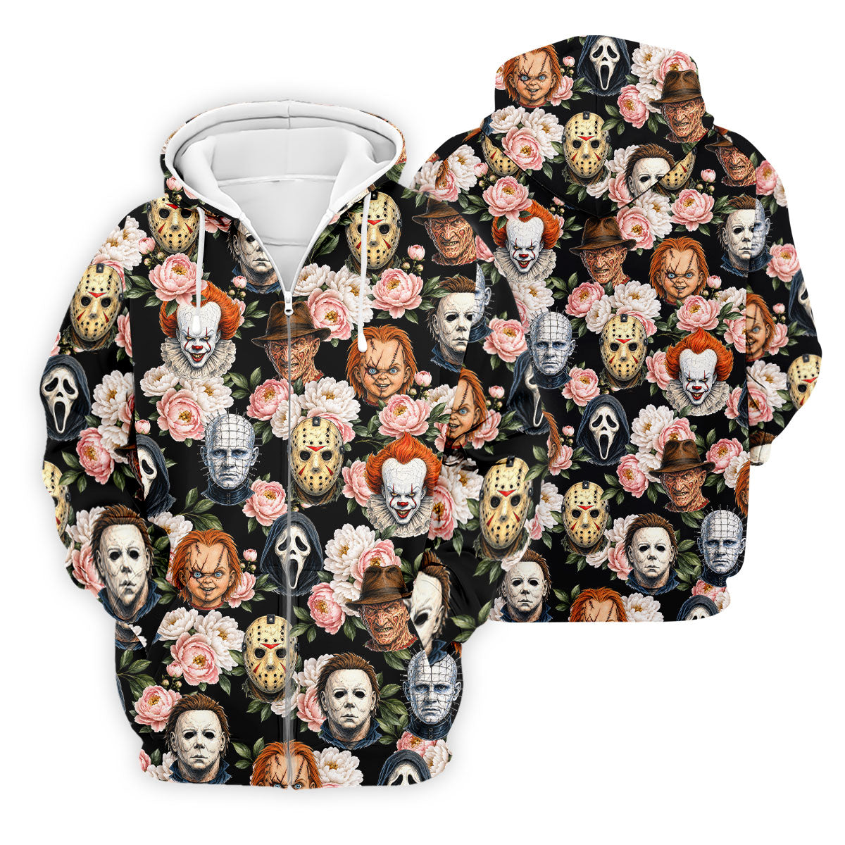 Horror Icons Floral Hawaiian Golf Shirt, Men's Golf Shirt, Printed Golf Shirts
