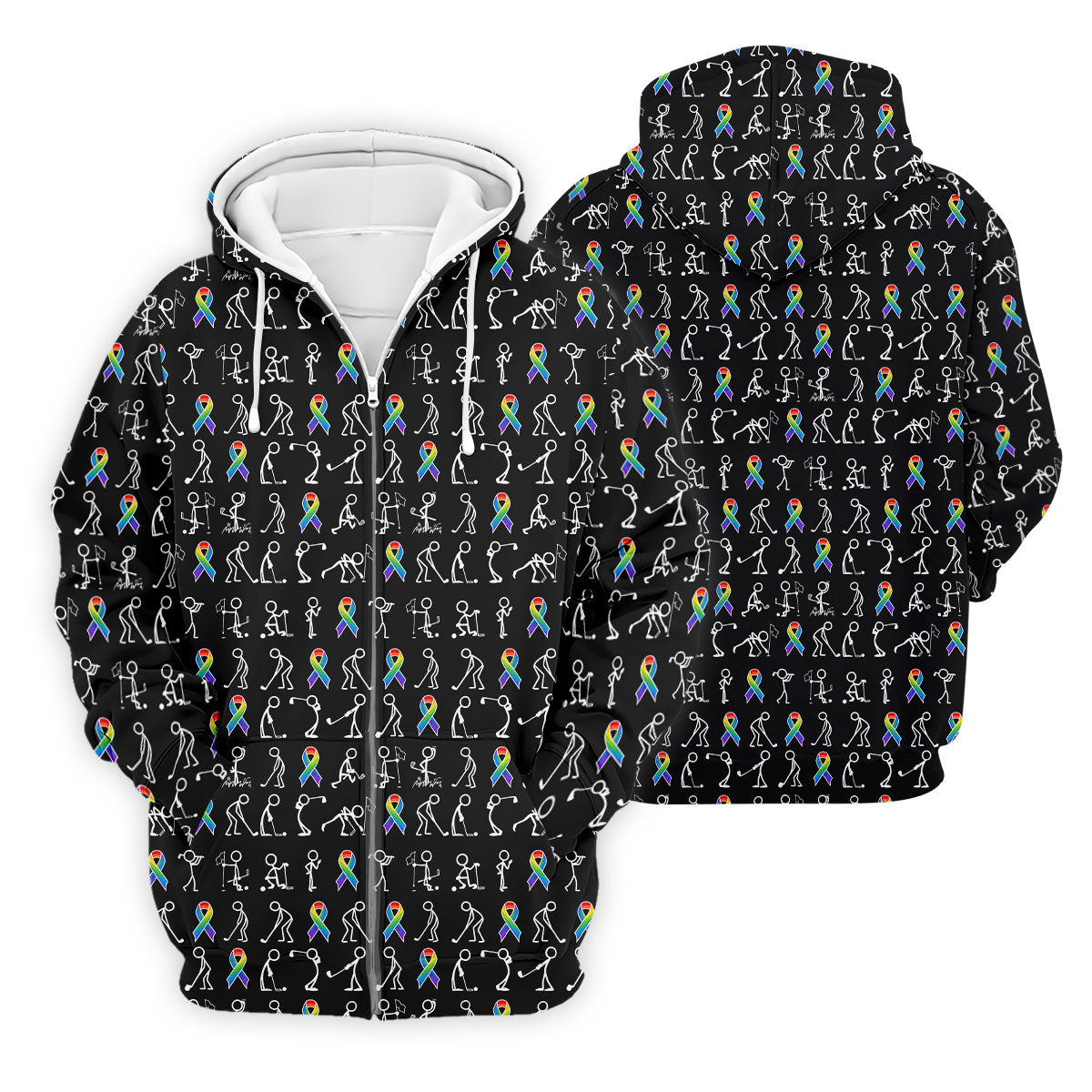 Rainbow Cancer Ribbon Stick Figure Golf Pattern Shirt, Printed Golf Shirts, Polo Shirts For Men