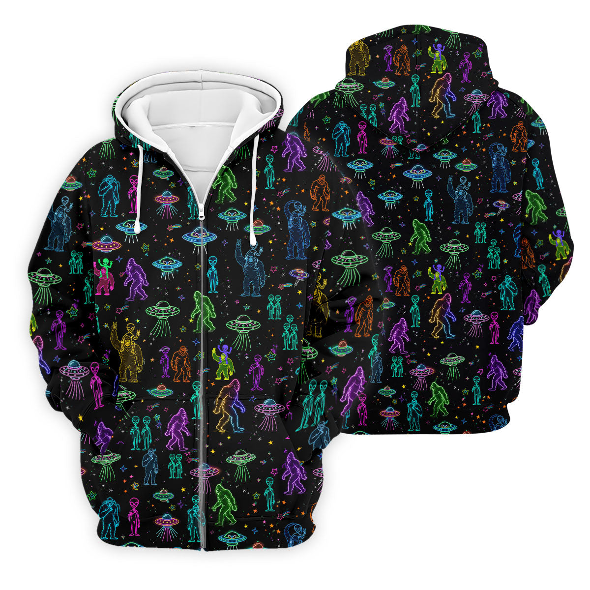 Neon Bigfoot Alien UFO Pattern Golf Polo Shirt, Men's Golf Shirt, Printed Golf Shirts