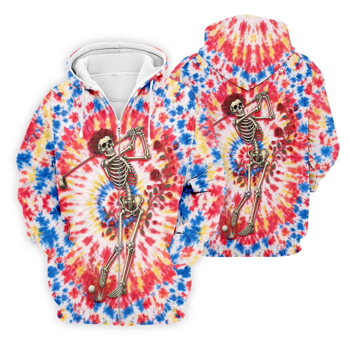 Skeleton Golfer Tie Dye Polo Shirt, Golf Apparel For Men, Golf Polo Shirts For Men
