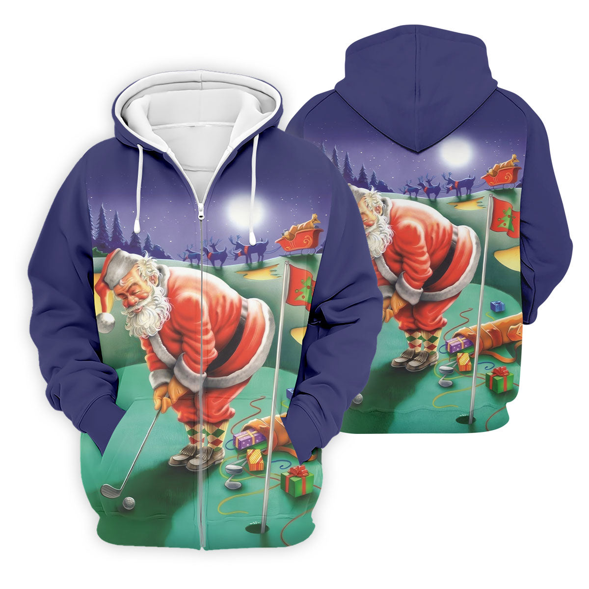 Men's Santa Night Golf Scene Golf Shirt, Christmas Golf Shirt, Golf Apparel For Men