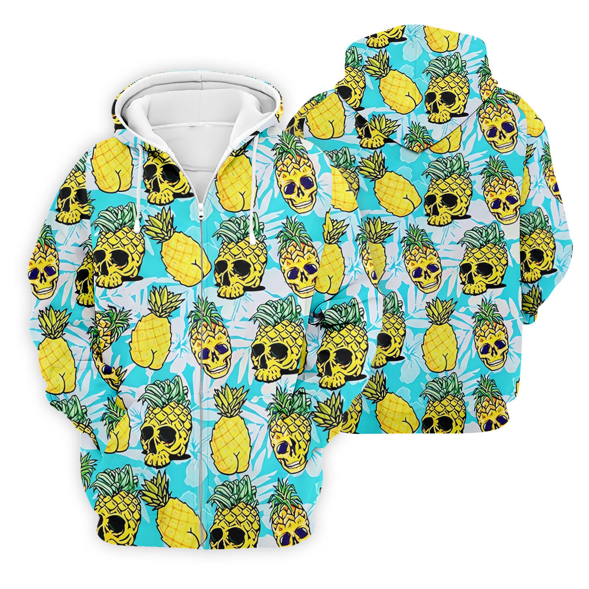 Tropical Pineapple Skull Pattern Golf Shirt, Mens Golf Shirts, Hawaiian Golf Shirt, Golf Apparel For Men
