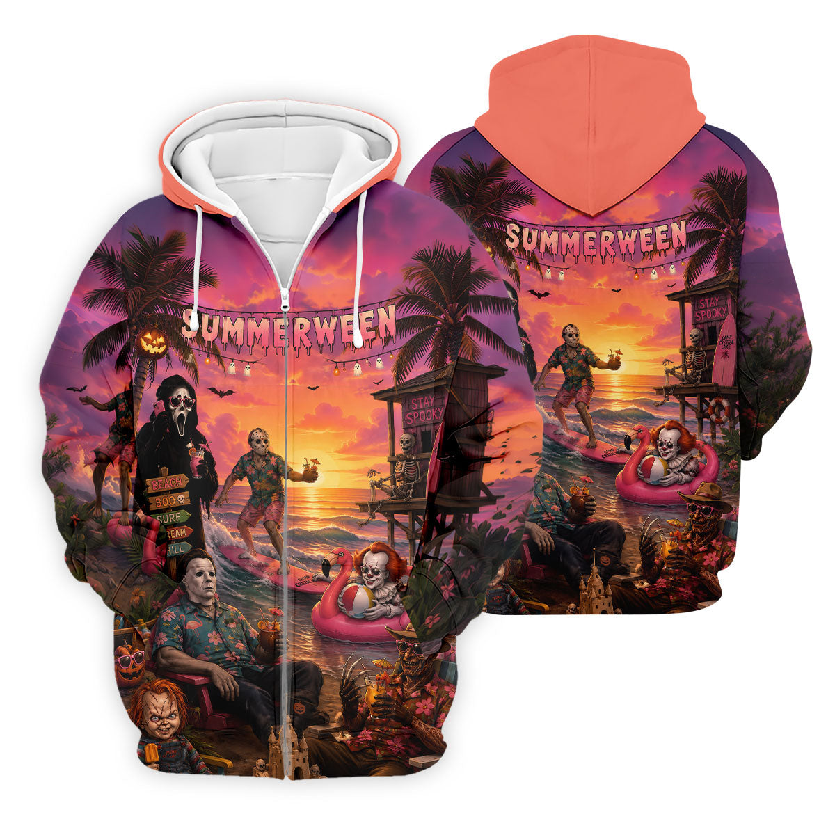 Summerween Halloween Horror Character Golf Shirt, Printed Golf Shirts, Hawaiian Golf Shirt