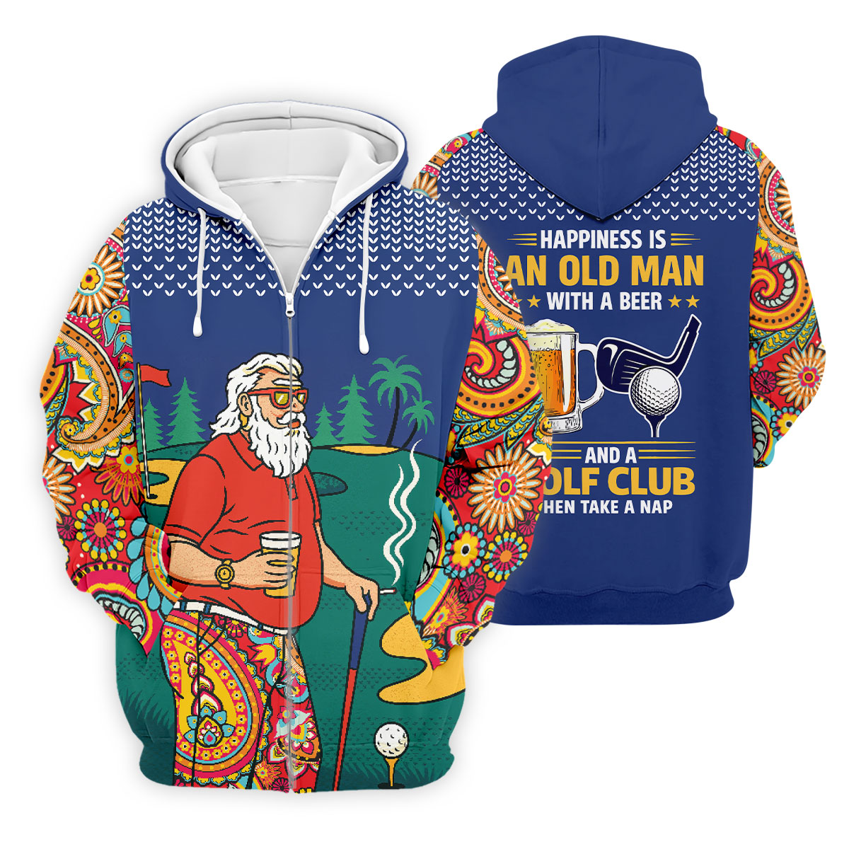 Retro Bearded Golfer Holding Beer Golf Polo Shirt, Mens Golf Shirts, Printed Golf Shirts