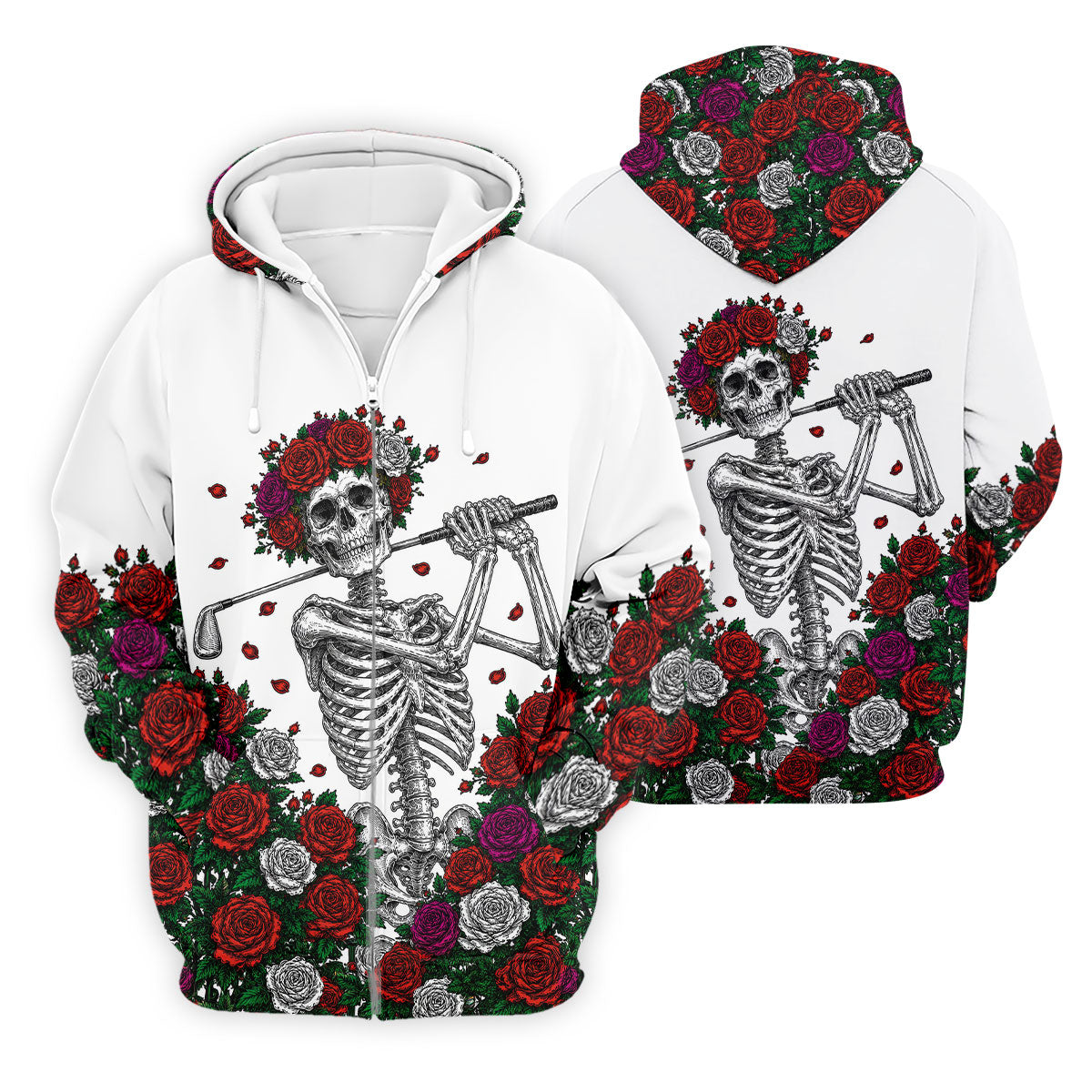 Rose Crown Skeleton Golfer Halloween Polo Shirt, Men's Golf Shirt, Printed Golf Shirts