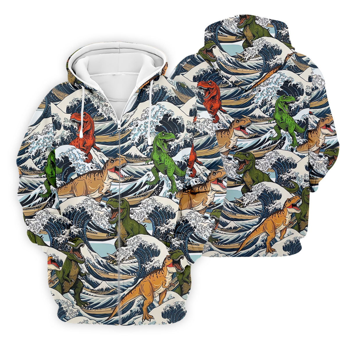 T Rex Surfing Great Wave Golf Polo Shirt, Men's Golf Shirt, Printed Golf Shirts