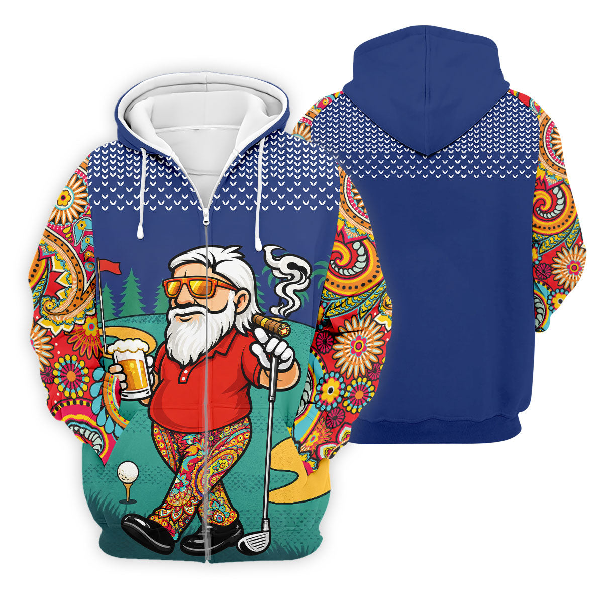 Men's Funny Golf Santa Beer And Cigar Polo Shirt, Mens Golf Polo, Golf Apparel For Men