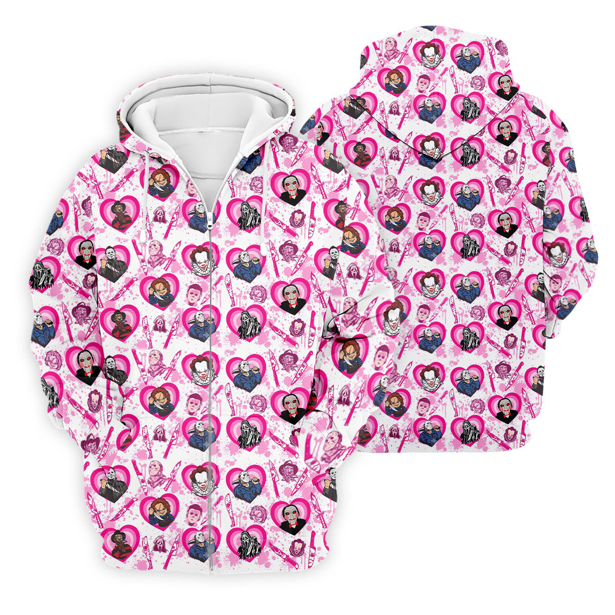 Pink Horror Character Pattern Golf Polo Shirt for Men Halloween Golf Apparel Printed Golf Shirts