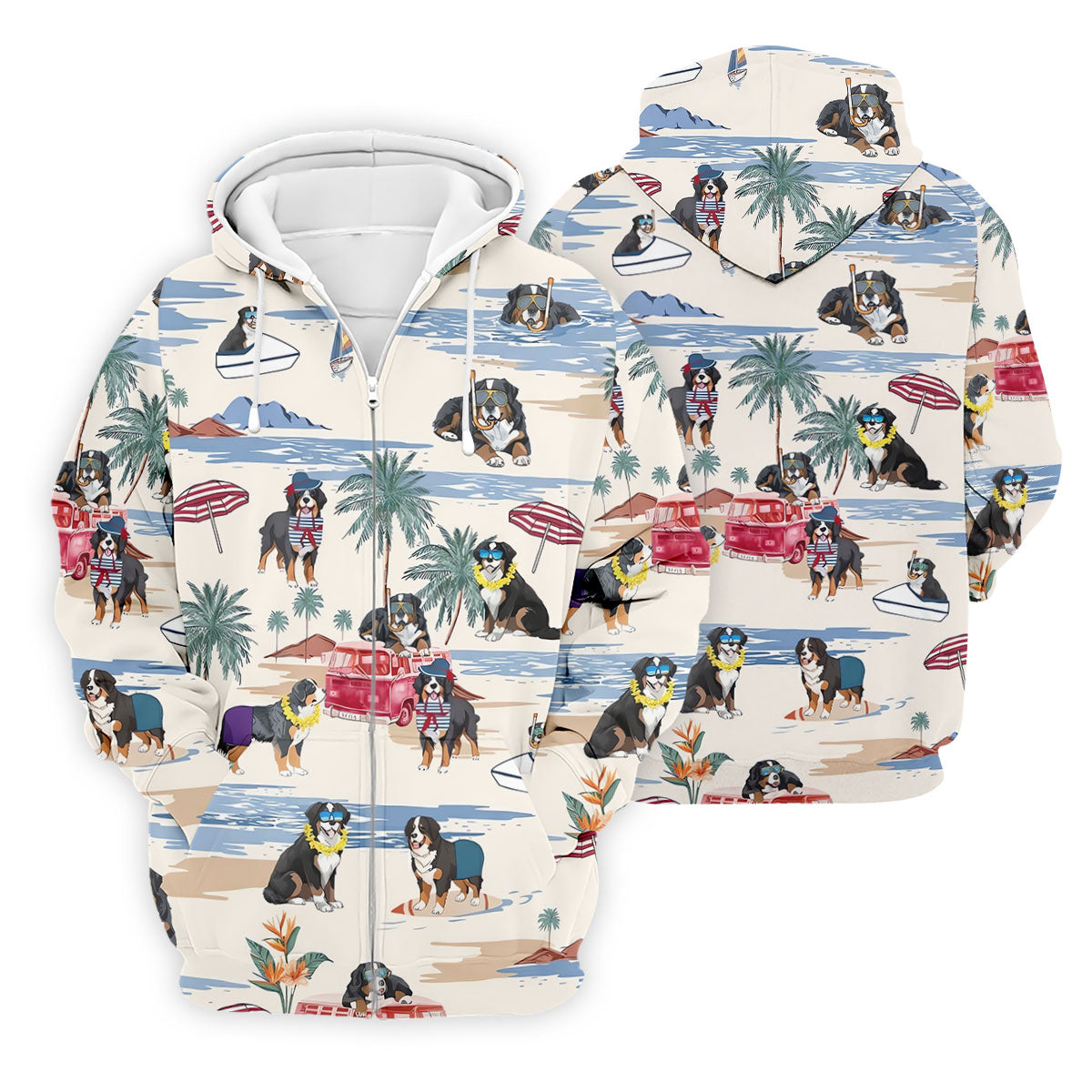 Tropical Bernese Mountain Dog Beach Hawaiian Golf Polo Shirt, Printed Golf Shirts, Golf Apparel For Men