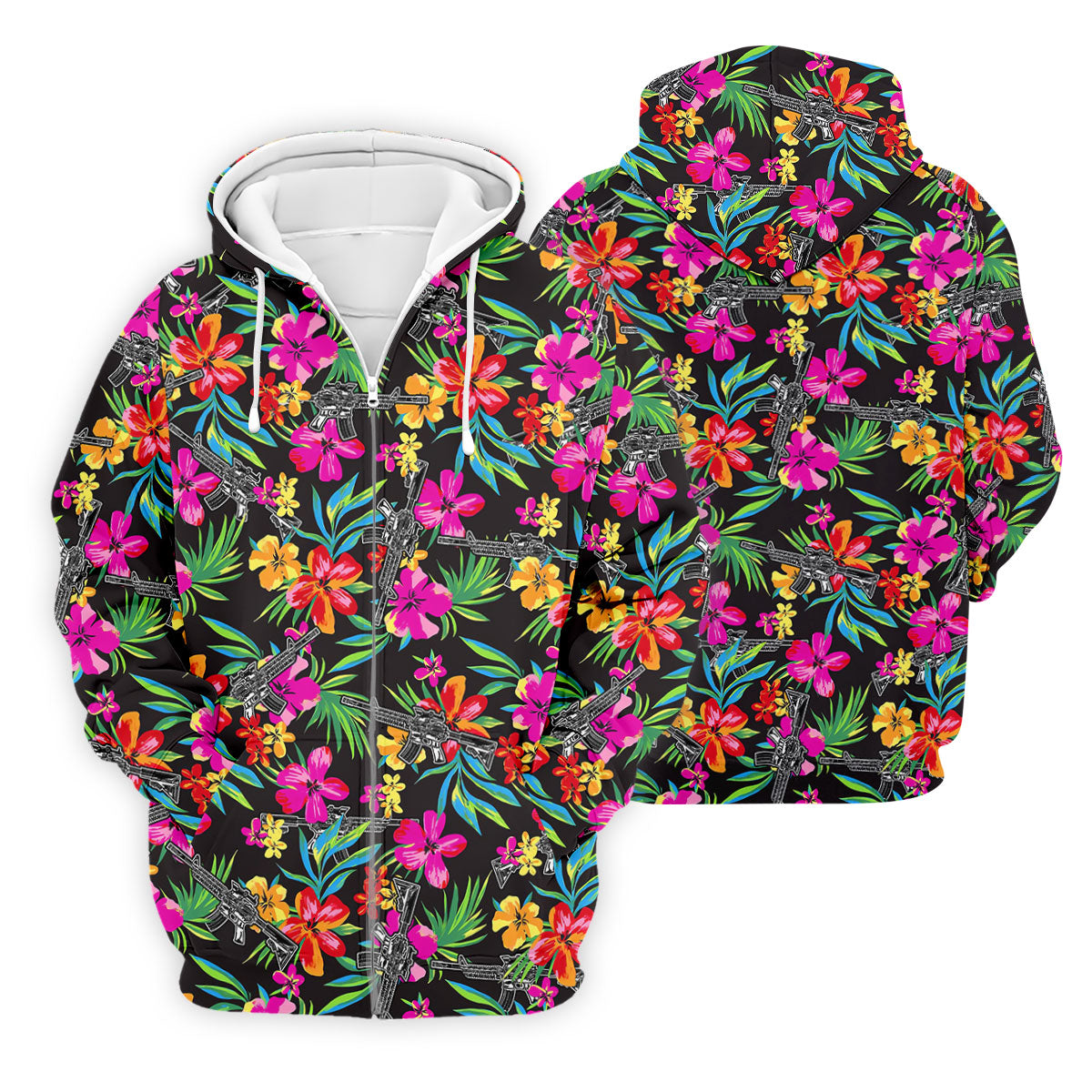 Black Tropical Floral Rifle Pattern Golf Polo Shirt, Men's Golf Shirt, Golf Polo Shirts For Men