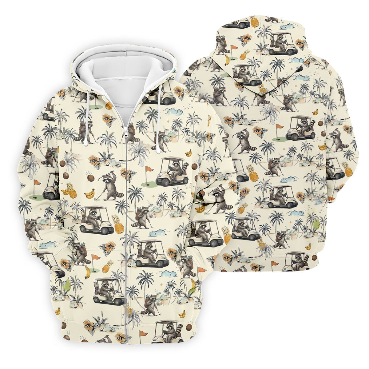Funny Raccoon Golf Cart Tropical Pattern Polo Shirt, Mens Golf Polo, Golf Apparel For Men