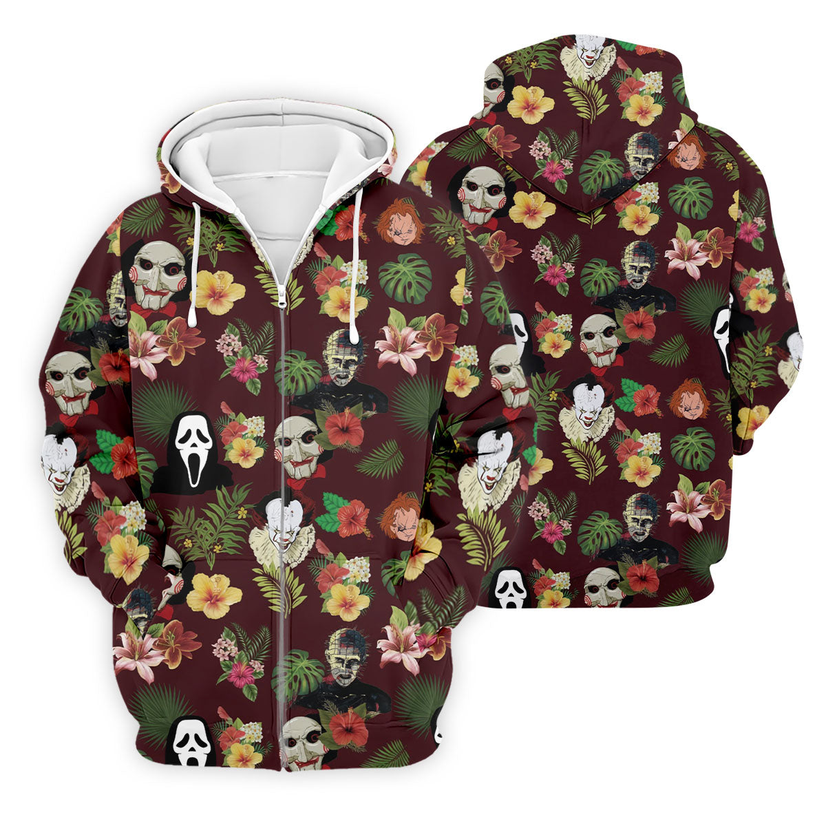 Floral Halloween Horror Character Hawaiian Golf Shirt, Men's Golf Shirt, Golf Polo Shirts For Men