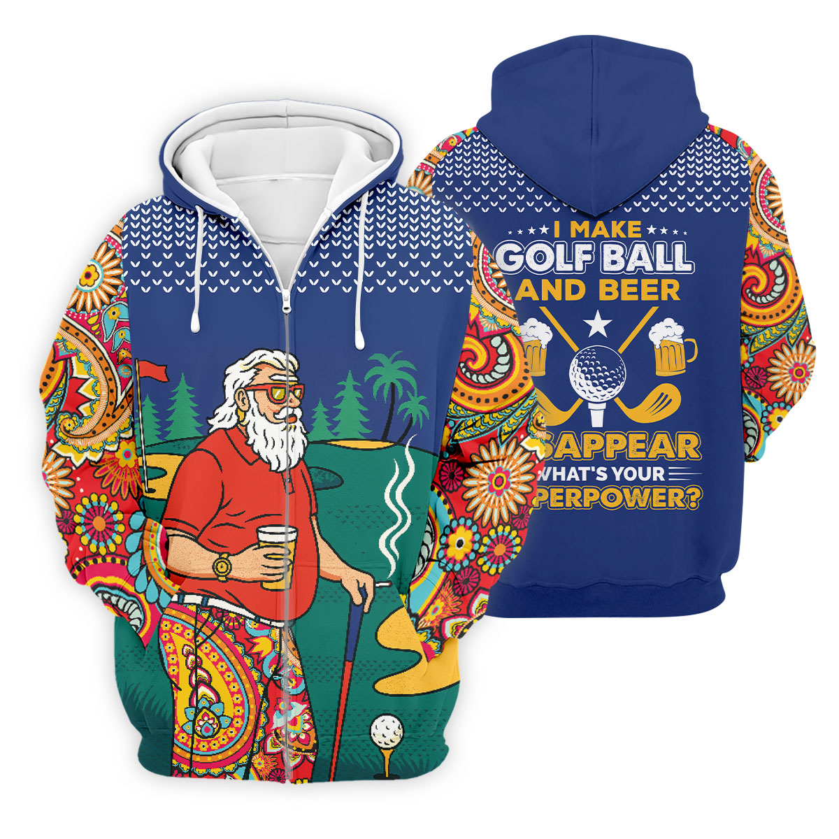 Funny Bearded Golfer Beer Lover Paisley Sleeve Golf Polo, Golf Polo Shirts For Men, Mens Golf Apparel