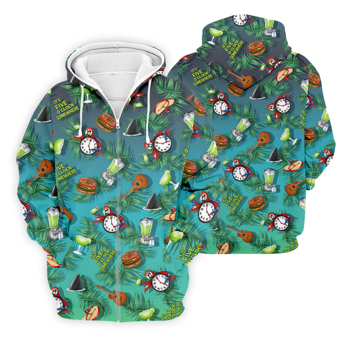Teal Tropical Cocktail Parrot Pattern Golf Polo Shirt, Men's Golf Shirt, Golf Polo Shirts For Men