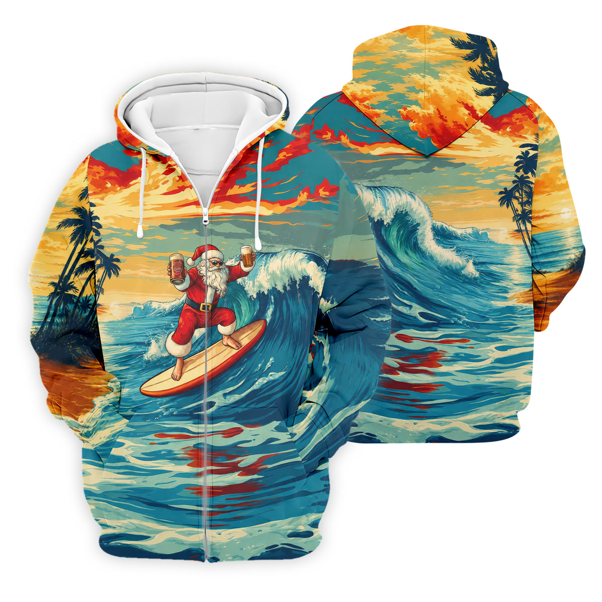 Tropical Surfing Santa Sunset Christmas Golf Shirt, Men's Golf Shirt, Hawaiian Golf Shirt