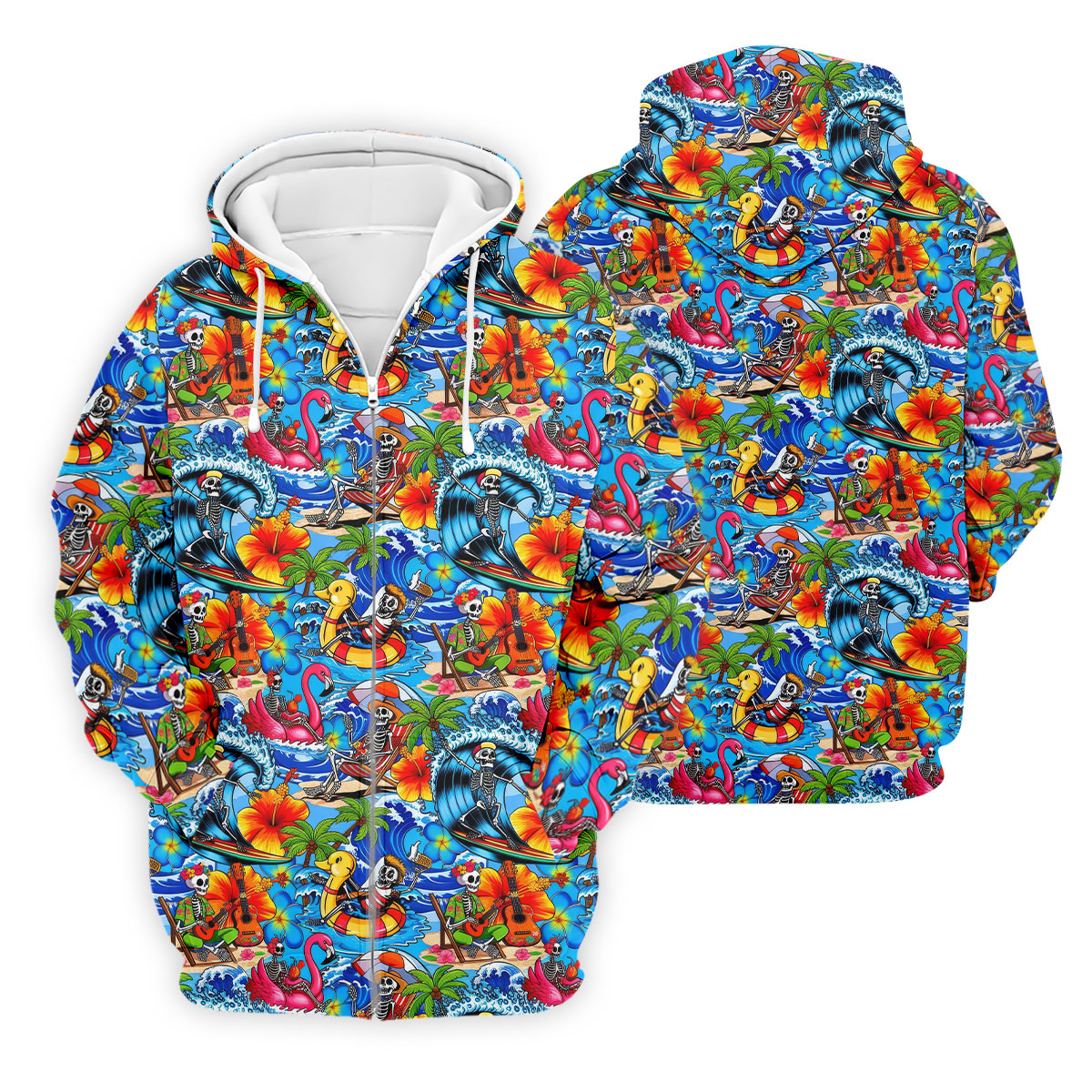 Blue Tropical Skeleton Surfer Pattern Golf Polo Shirt, Men's Golf Shirt, Golf Polo Shirts For Men