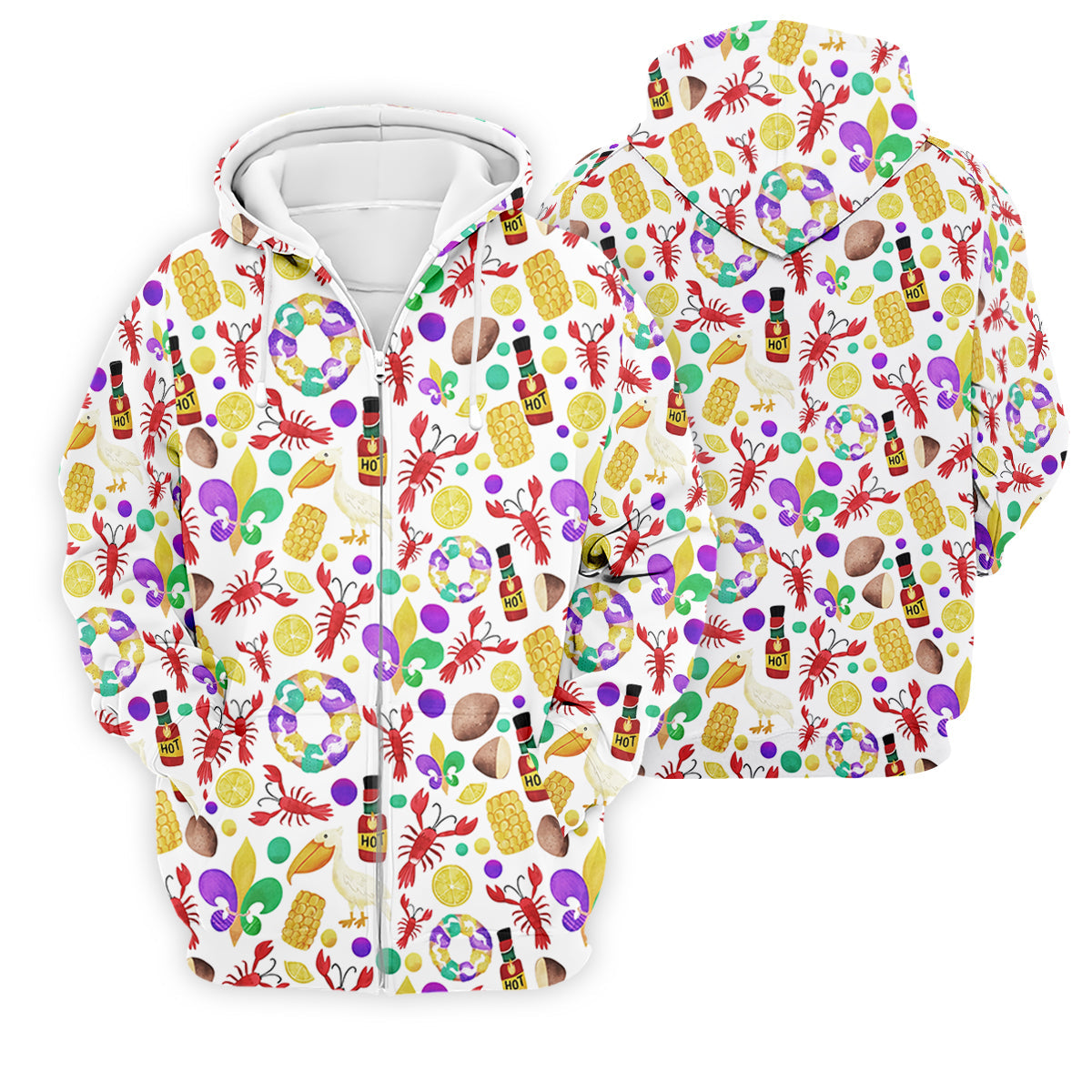 Fleur De Lis Flower White Pelican Lobster Hot Sauce Mardi Gras Golf Shirt, Golf Tops For Men, Polo Shirts For Men