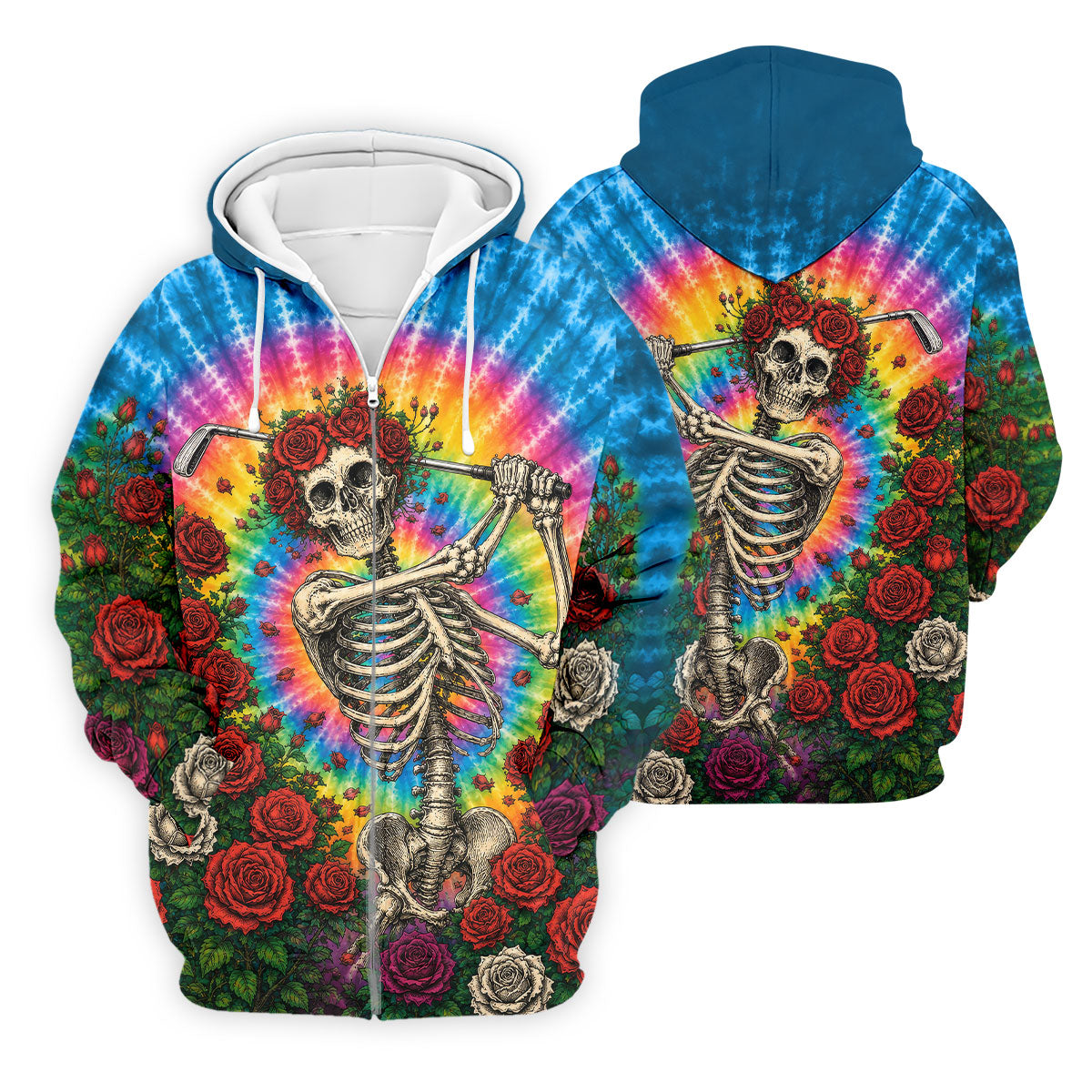 Rose Tie Dye Skeleton Golfer Halloween Polo Shirt, Mens Golf Shirts, Printed Golf Shirts