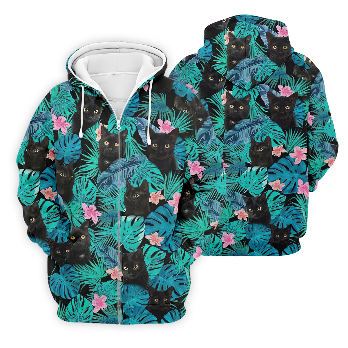 Black Cat Tropical Monstera Hawaiian Golf Polo Shirt, Hawaiian Golf Shirt, Golf Shirts For Men