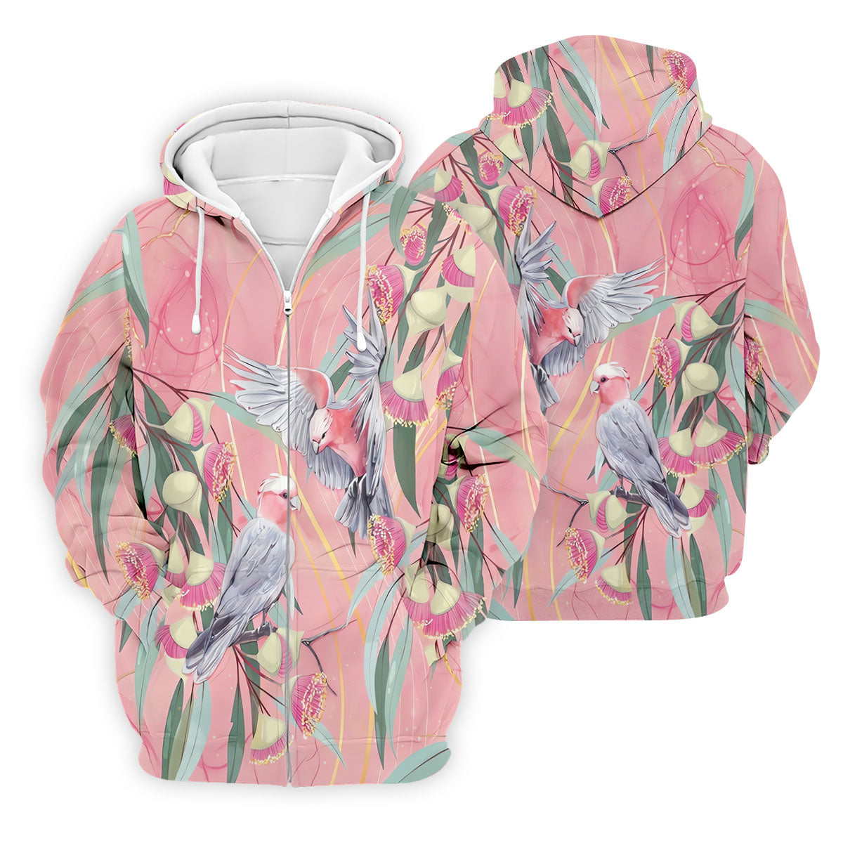 Pink Cockatoo Eucalyptus Floral Polo Shirt, Hawaiian Golf Shirt, Golf Shirts For Men