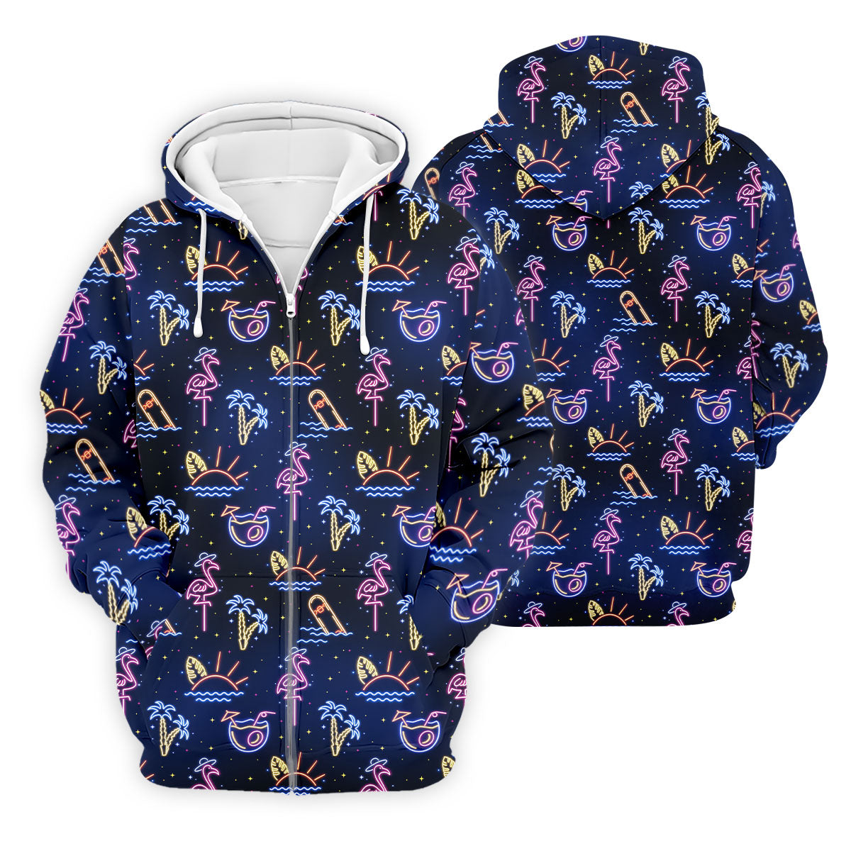 Neon Tropical Flamingo Sunset Cocktail Night Golf Polo, Hawaiian Golf Shirt, Polo Shirts For Men