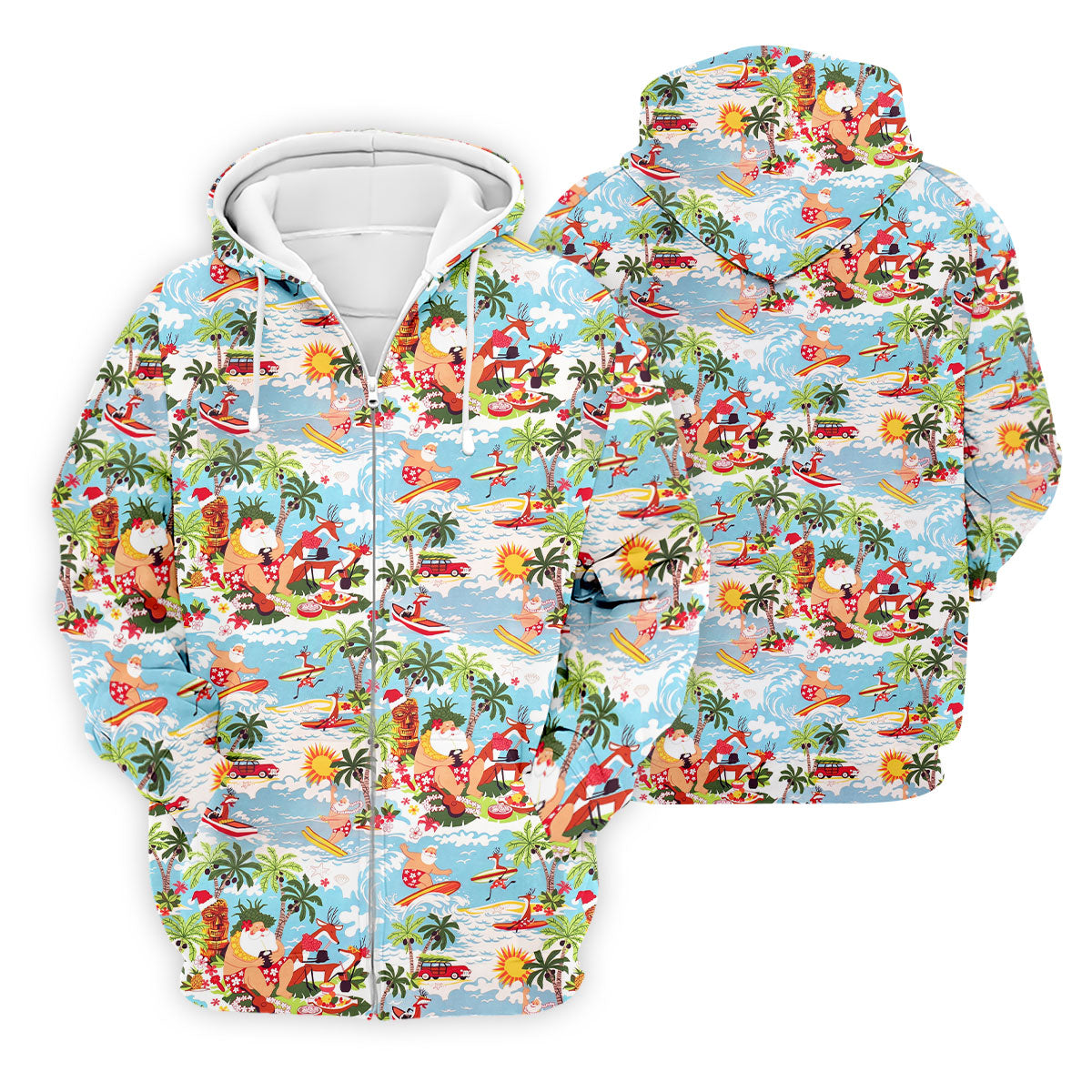 Surfing Santa Tropical Christmas Golf Shirt, Beach Reindeer Holiday Polo, Hawaiian Golf Shirt, Printed Golf Shirts