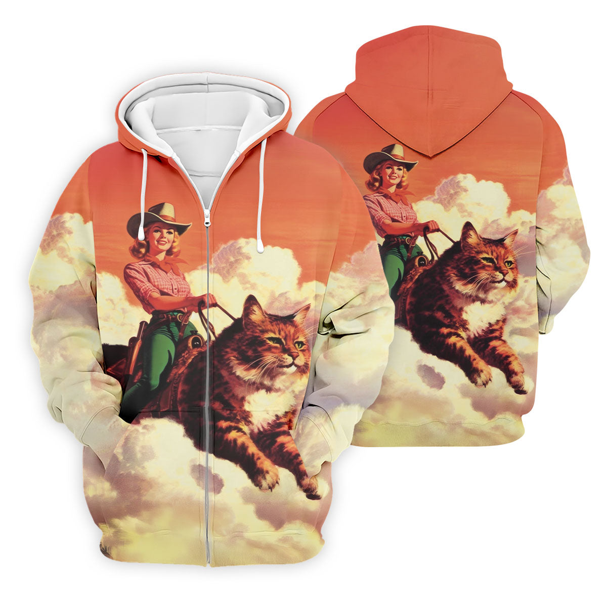 Orange Vintage Cowgirl Riding Giant Cat Golf Polo Shirt, Golf Shirts For Men, Hawaiian Golf Shirt