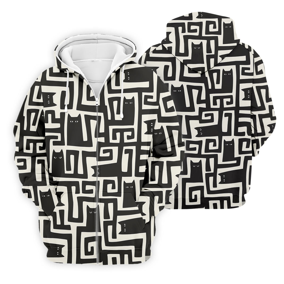Minimalist Black Cat Maze Pattern Golf Polo Shirt, Men's Golf Shirt, Printed Golf Shirts