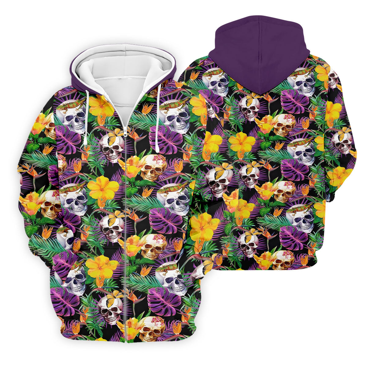Tropical Sugar Skull Floral Golf Polo Shirt, Golf Shirts For Men, Printed Golf Shirts