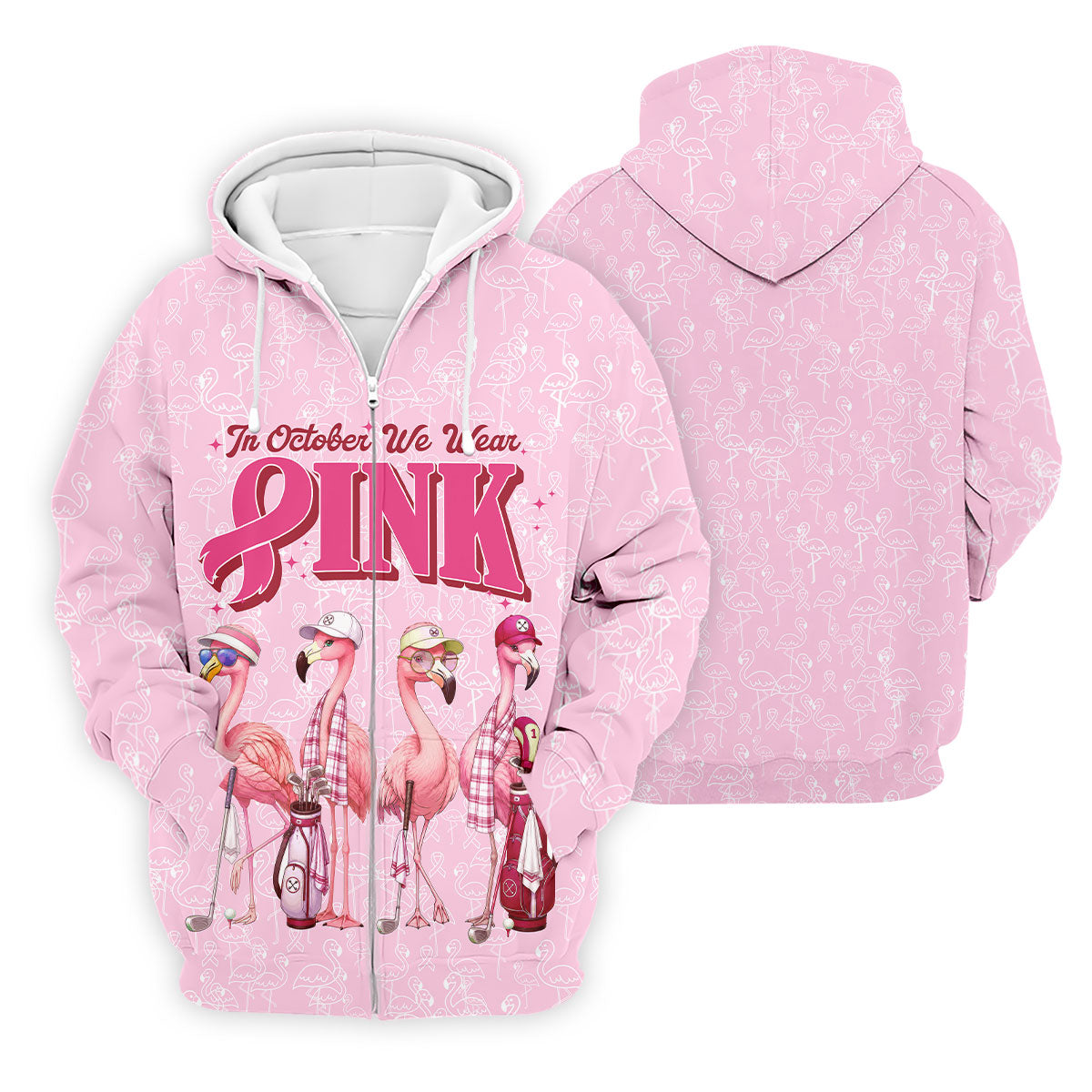 In October We Wear Pink Flamingo Breast Cancer Polo, Golf Shirts For Men, Mens Golf Polo