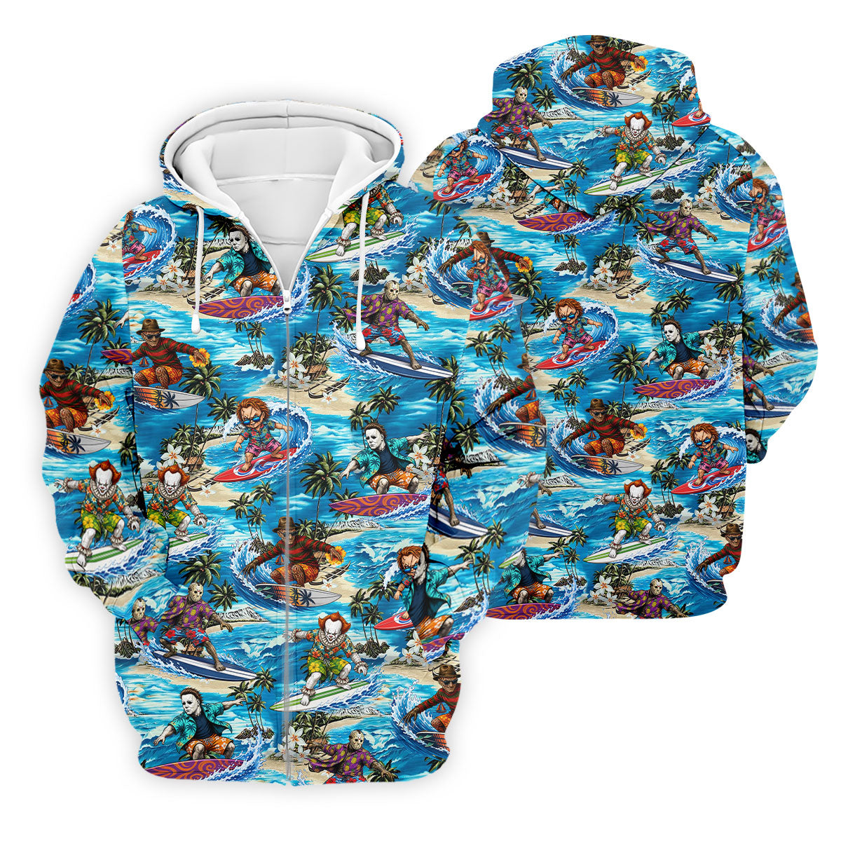 Horror Character Surfing Hawaiian Golf Shirt, Tropical Slasher Golf Shirt, Golf Shirts For Men