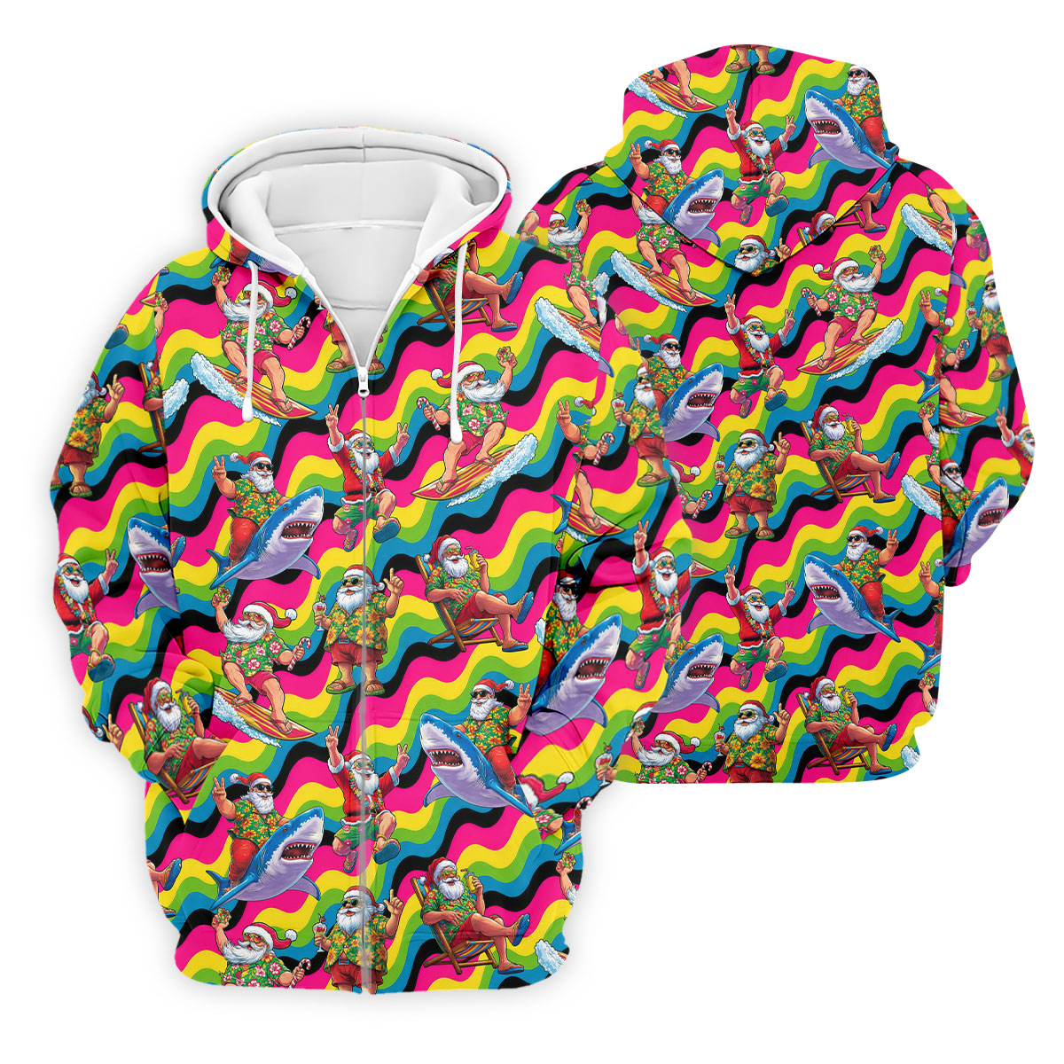 Funny Surfing Santa Riding Shark Hawaiian Golf Shirt, Christmas Golf Shirt, Golf Polo Shirts For Men