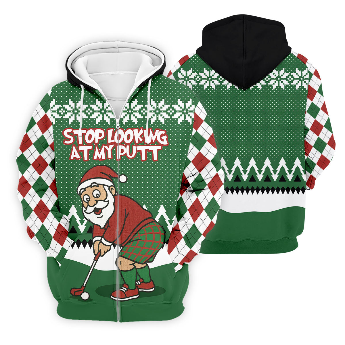 Stop Looking At My Putt Funny Santa Claus Argyle Golf Shirt, Christmas Golf Shirt, Polo Shirts For Men