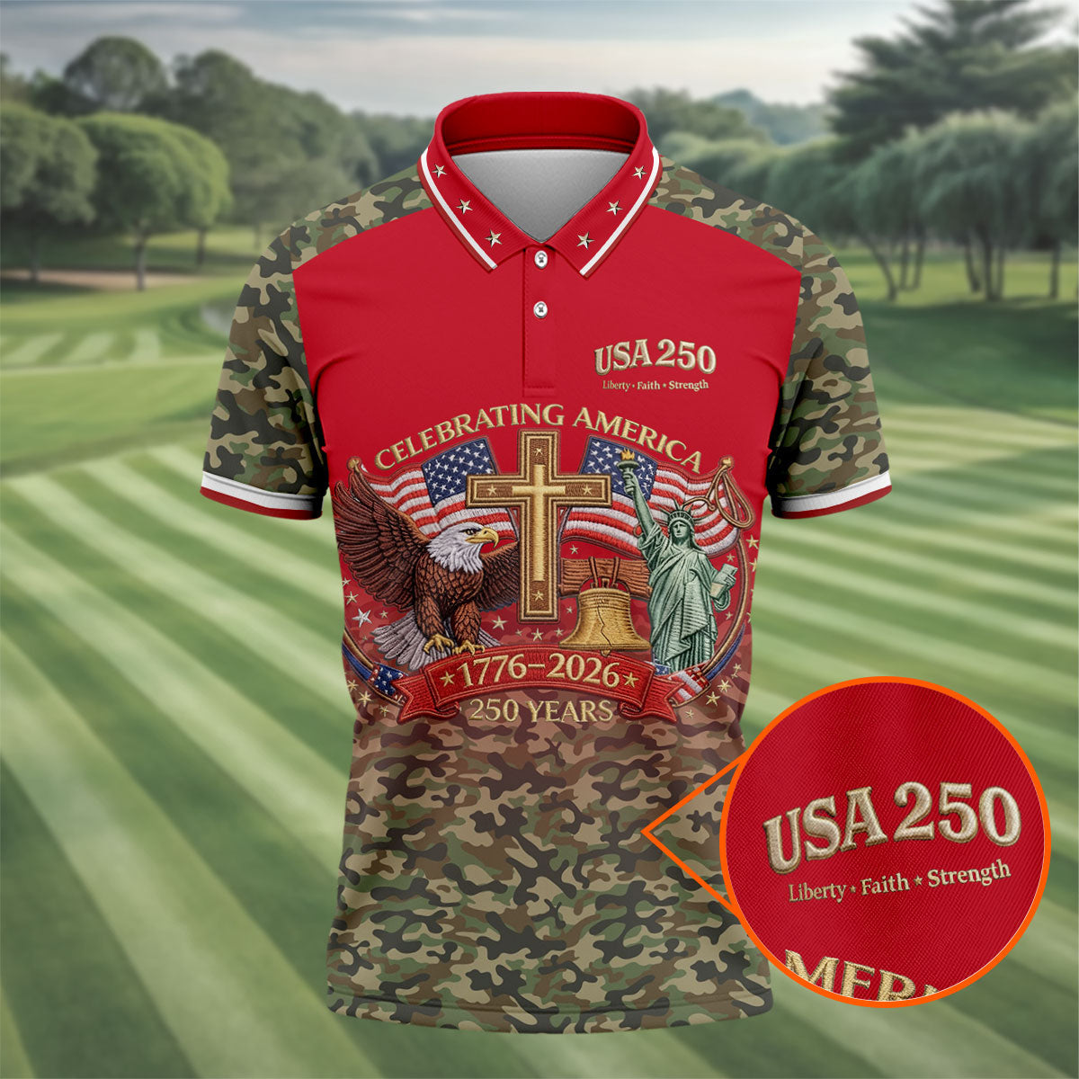 Liberty Faith Strength Faith Cross USA 250 Red Camo Golf Shirt, 4th Of July Golf Shirts For Men