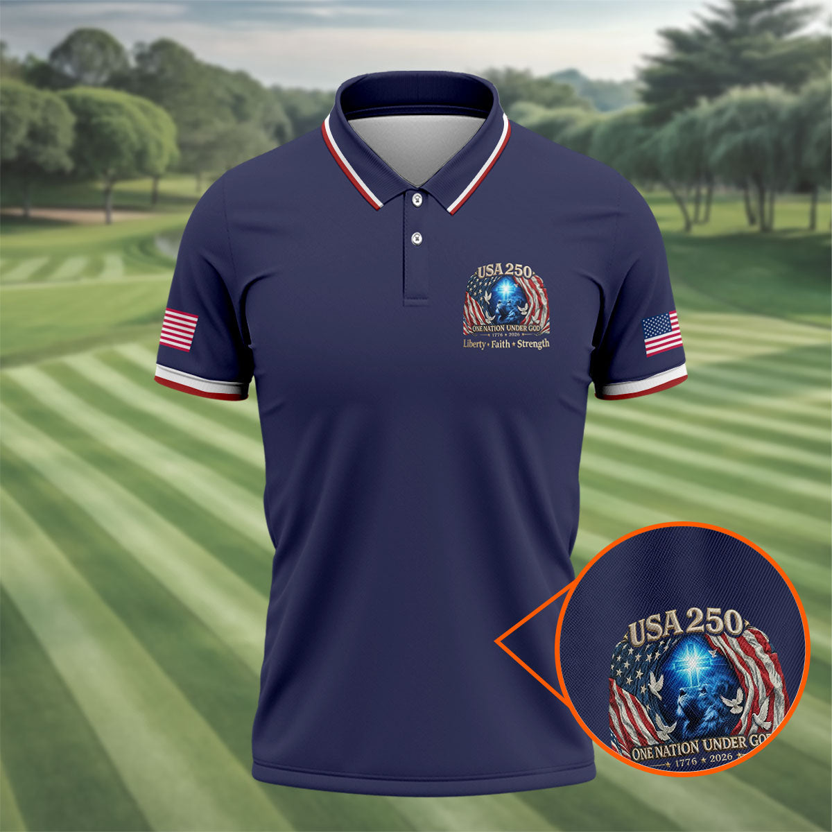 One Nation Under God Faith Cross USA 250 Logo Navy Golf Shirt, 4th Of July Golf Shirts For Men