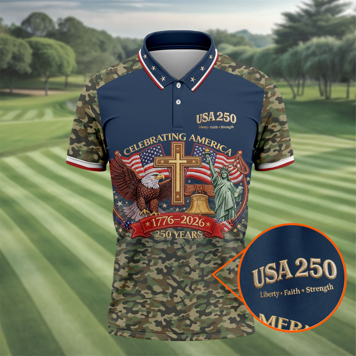 Liberty Faith Strength Faith Cross USA 250 Navy Camo Golf Shirt, 4th Of July Golf Shirts For Men