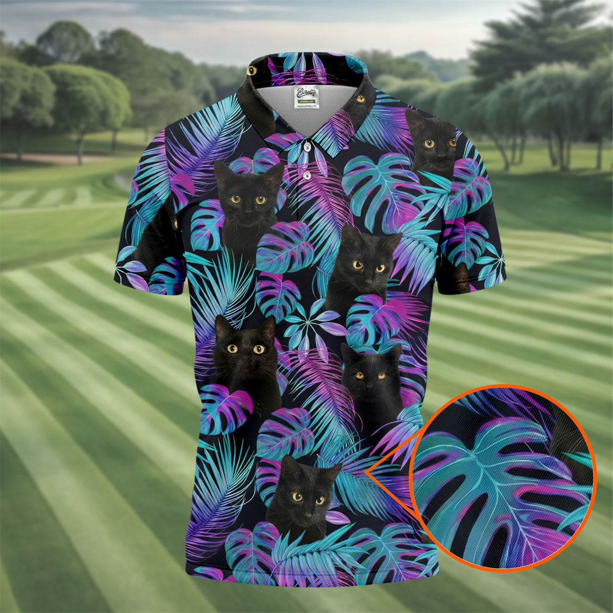 Funny Black Cat Purple Blue Gradient Hawaiian Golf Shirt, Golf Shirts For Men