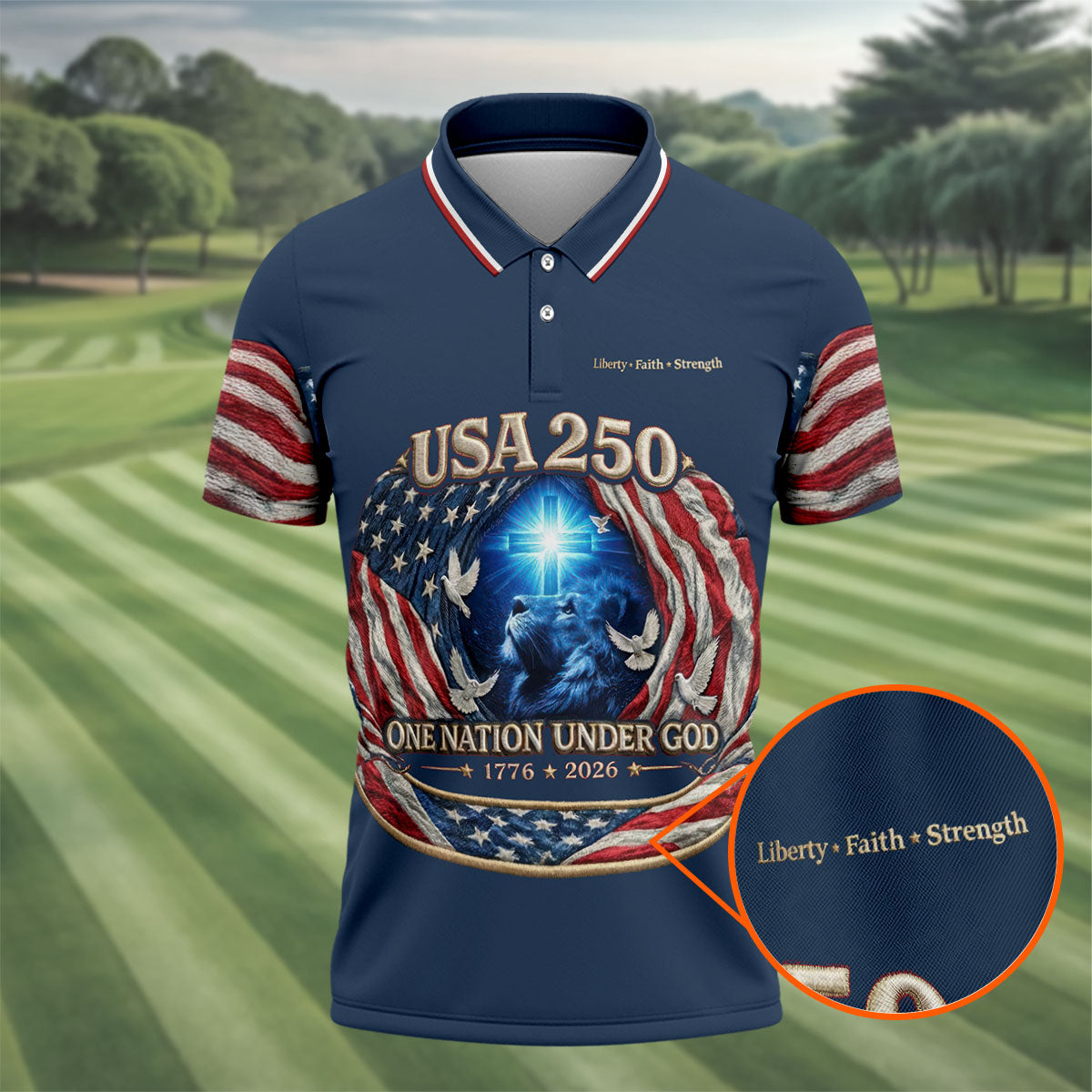 One Nation Under God Faith Cross USA 250 Navy Golf Shirt, 4th Of July Golf Shirts For Men