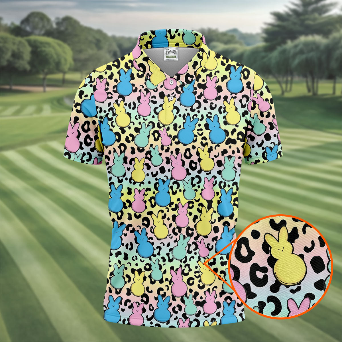 Pastel Easter Bunny Leopard Print Polo Shirt, Mens Golf Apparel, Hawaiian Golf Shirt, Printed Golf Shirts