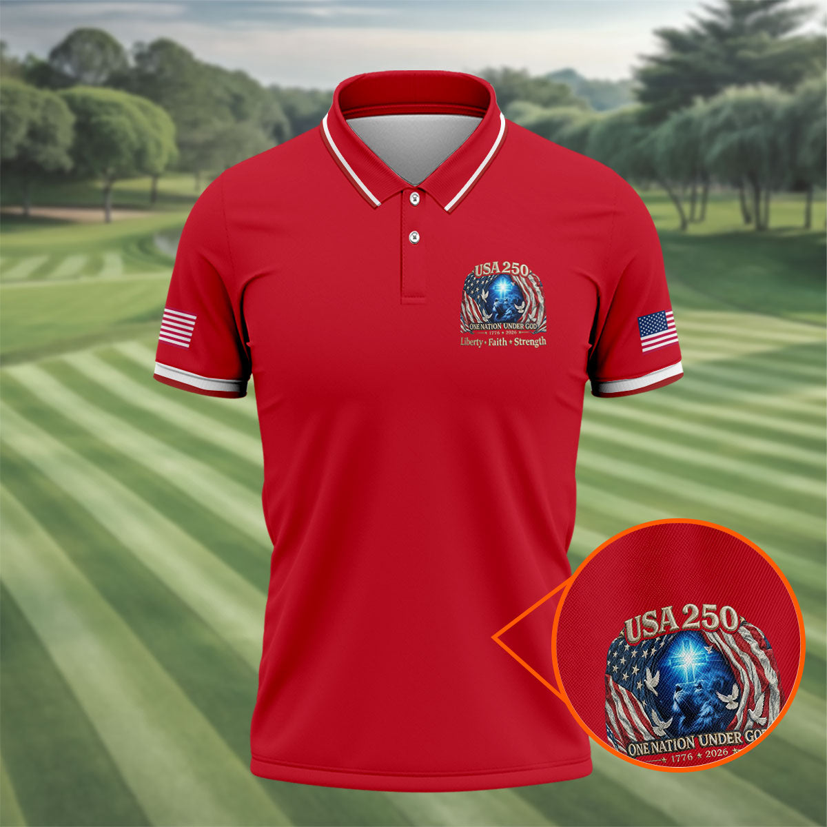 One Nation Under God Faith Cross USA 250 Logo Red Golf Shirt, 4th Of July Golf Shirts For Men