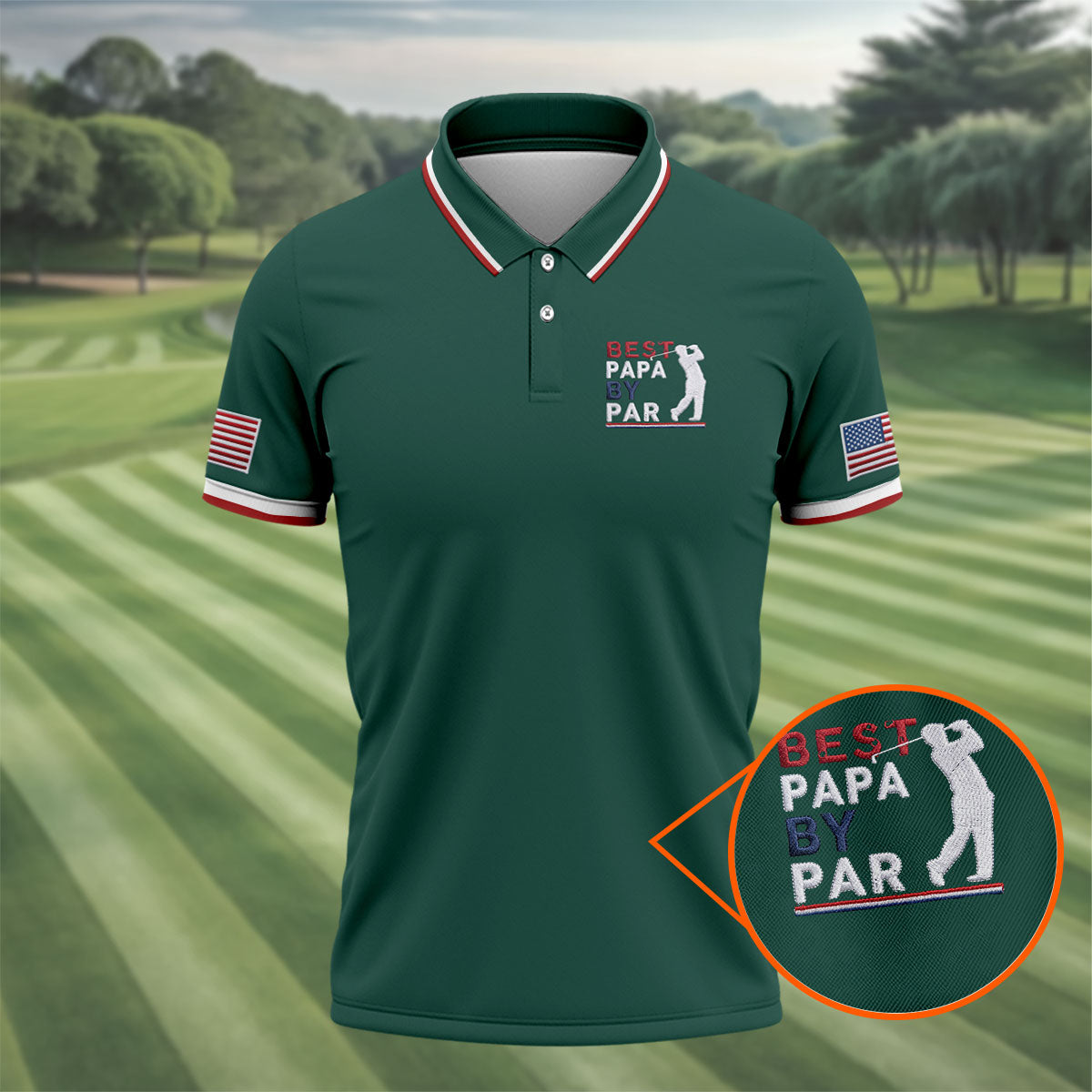 Green Best Papa By Par Embroidered Golf Polo Shirt, Golf Shirts For Men, Printed Golf Shirts