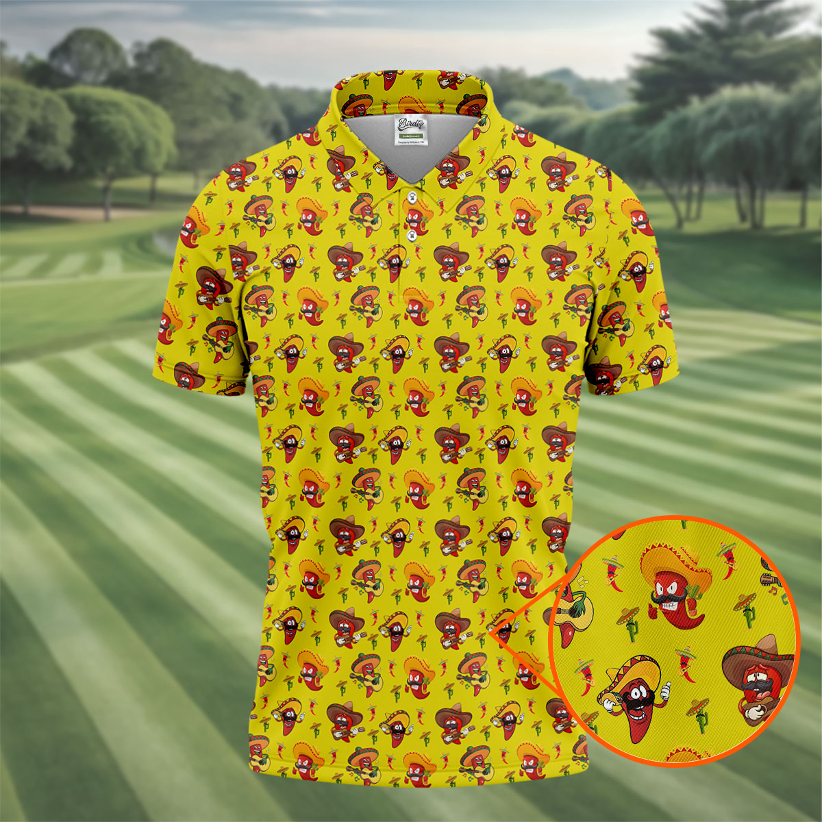 Cartoon Chili Pepper Mexican Sombrero Cinco De Mayo Celebration Fiesta Themed Golf Shirts For Men