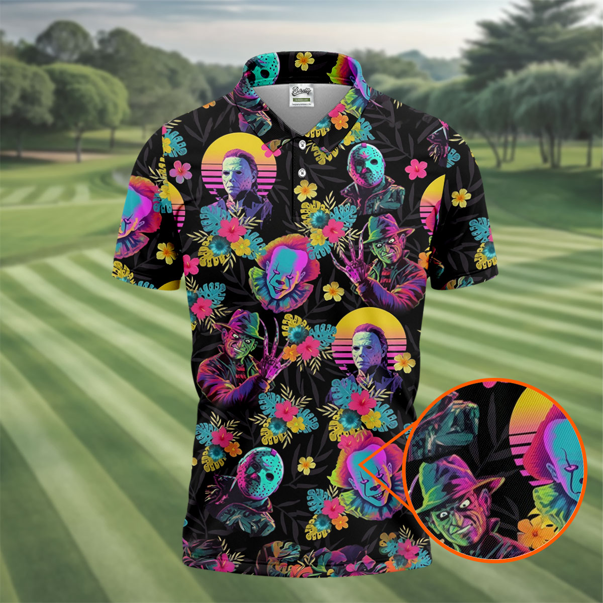 Neon Floral Halloween Horror Character Hawaiian Golf Shirt, Women's Golf Tops, Ladies Golf Shirts