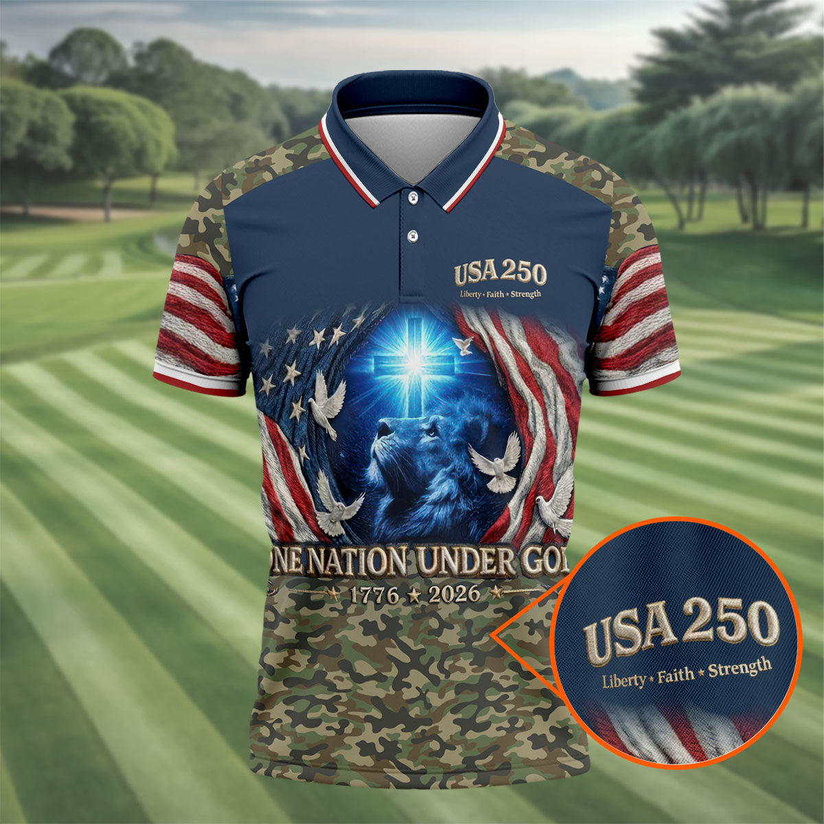 One Nation Under God Faith Cross USA 250 Navy Camo Golf Shirt, 4th Of July Golf Shirts For Men